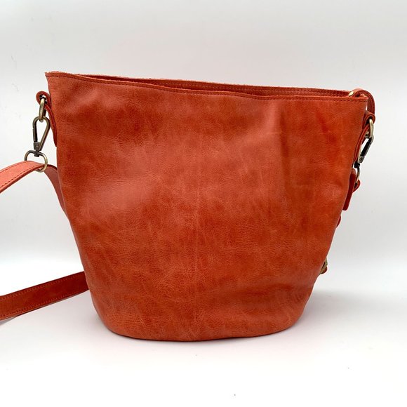 Chen & Derington Leather Crossbody Hobo Shoulder Bag - Red Orange - Picture 2 of 5